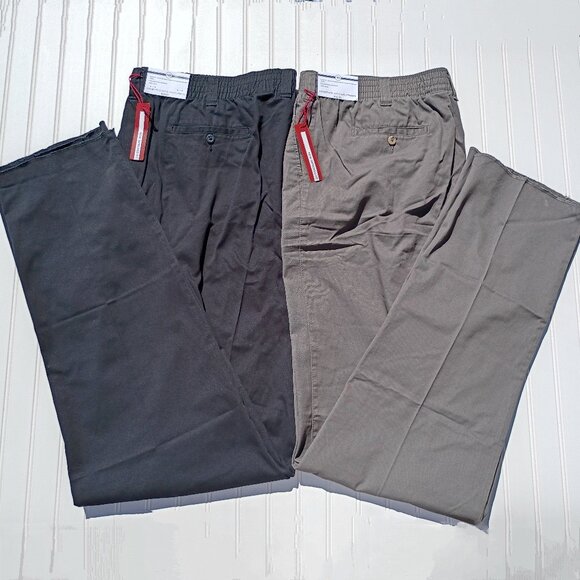 HARBOR BAY Khaki Pants Mens 3XL Long 48-52 Loose Fit LOT OF 2 Black Gray Elastic - Picture 1 of 16